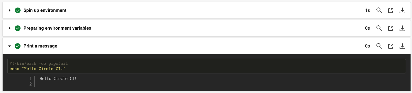 The "Hello Circle CI" message is printed in the logs